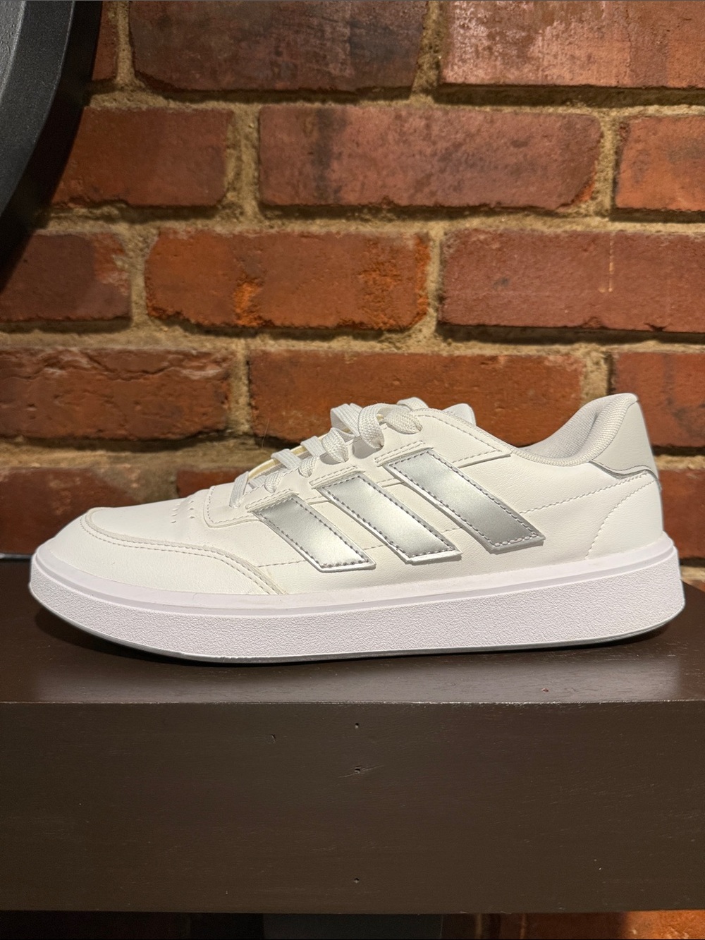 Adidas White Sneakers with Silver Stripes